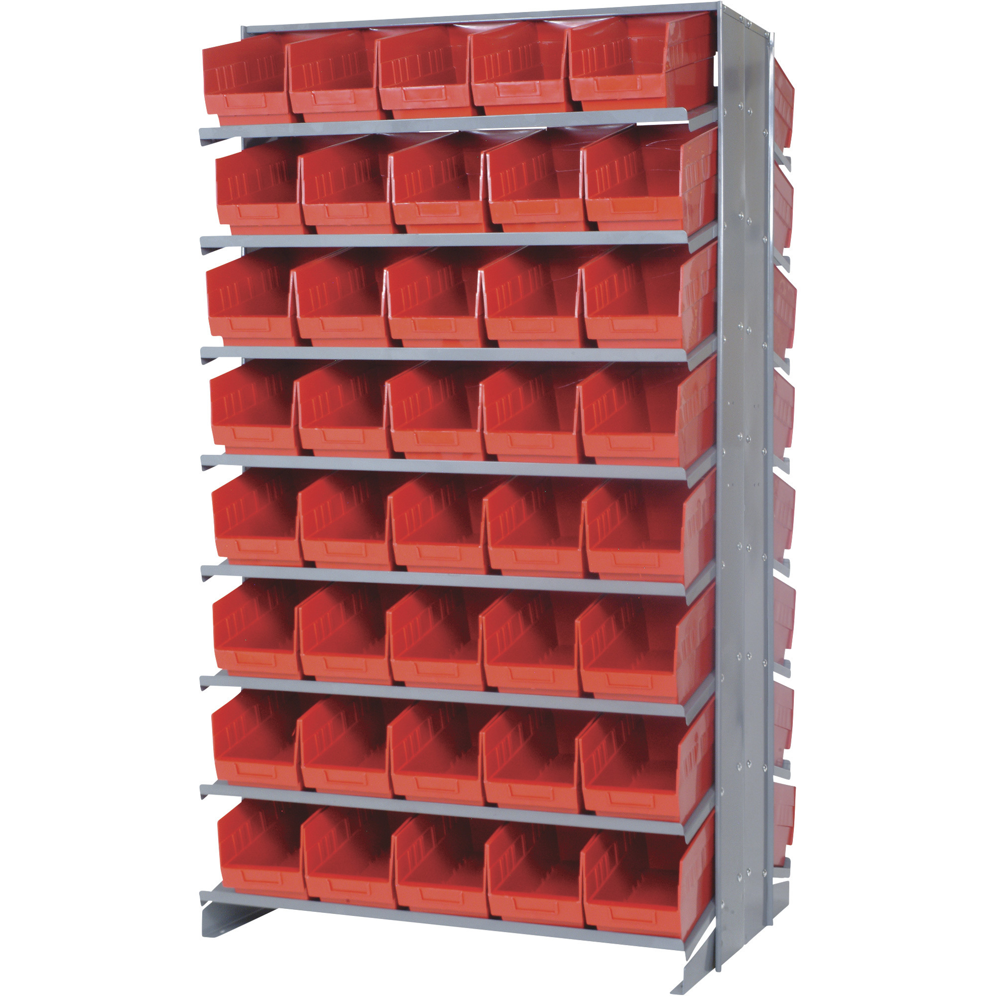 Quantum Double-Sided Store-More Pick Rack Shelf with Bins, Red, 36in.W x 24in.D x 63 1/2in.H, Includes 80 11 5/8in.L x 6 5/8in.W x 6in.H Bins, Model# QPRD-203RD
